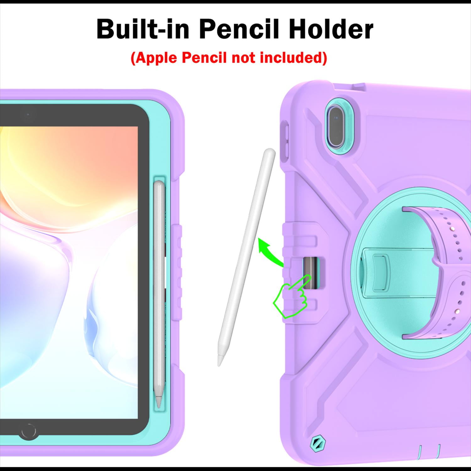 Case for iPad 11th Generation 2025 11-inch/10th Generation 2022 10.9-inch, Heavy Duty Military Grade Shockproof Rugged Protective Cover with Built-in Stand/Pencil Holder Shoulder Strap, Purple Green