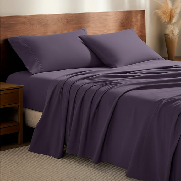 Bare Home Luxury 100% Cotton Flannel Queen Sheet Set, Deep Pocket, 4-Piece, Eggplant