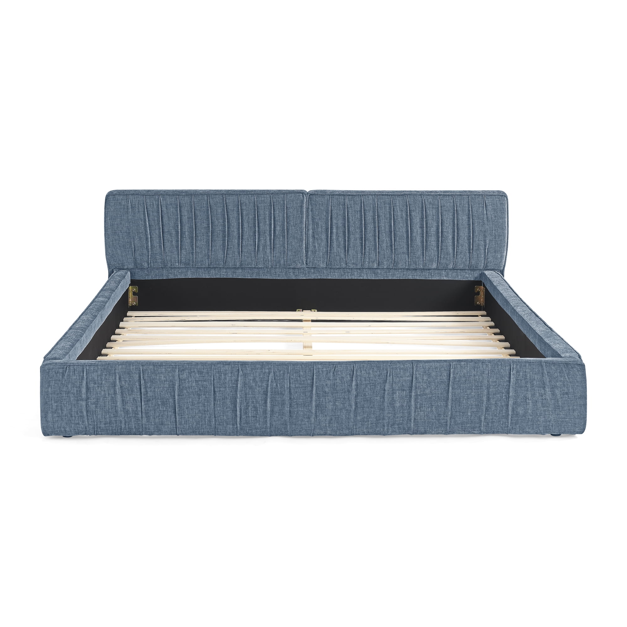 Aukfa Queen Size Upholstered Bed Frame, Low Profile Grounded Bed, Chenille Fabric Pleated Design Platform Bed, Blue