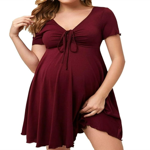 Robe de Maternité à Manches Courtes Mini Col en V Décontractée Ample Babydoll Grande Taille