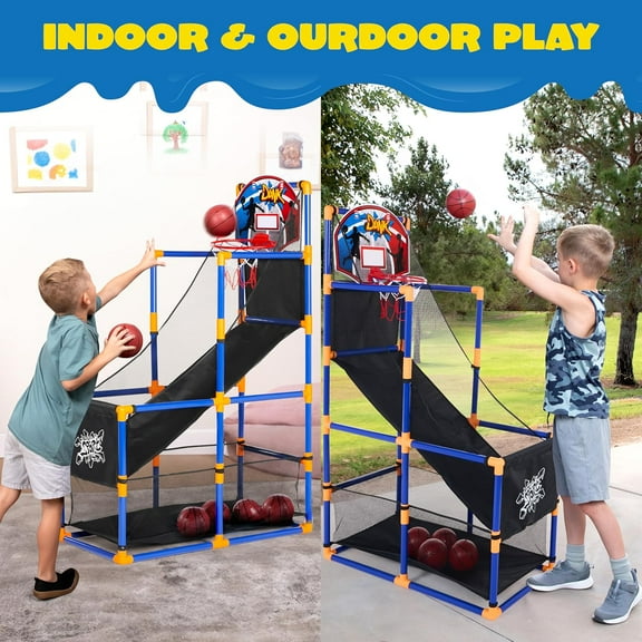 Indoor Outdoor Basketball Game Set with 4 Balls and Hoop for Kids 3-12 Years - Easy Setup