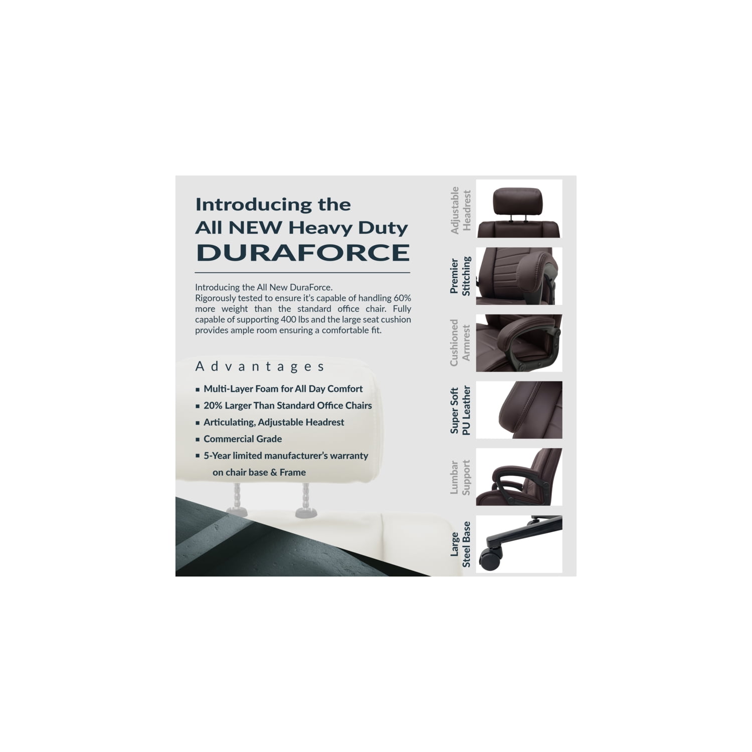 Regency DuraForce Big & Tall Ergonomic Executive Office Chair, 400 lbs Support - Brown