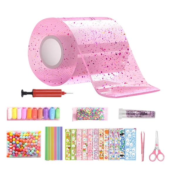 Glitter Bubble Nano Tape Set, Elastic Double Sided Craft Set for DIY Stress Ball Making, Nano Tape Bubble Kit with Glitter, Straw, Clamps and Stickers (Pink)