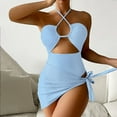 thumbnail image 5 of WREESH Womens Bikini Set with Sarong Bathing Suit Beach Cover Up Wrap Skirt Solid Bikini Strap Bikini Deep V Split Swimsuit Set Three-Piece Swimming Suit Sky Blue, 5 of 9