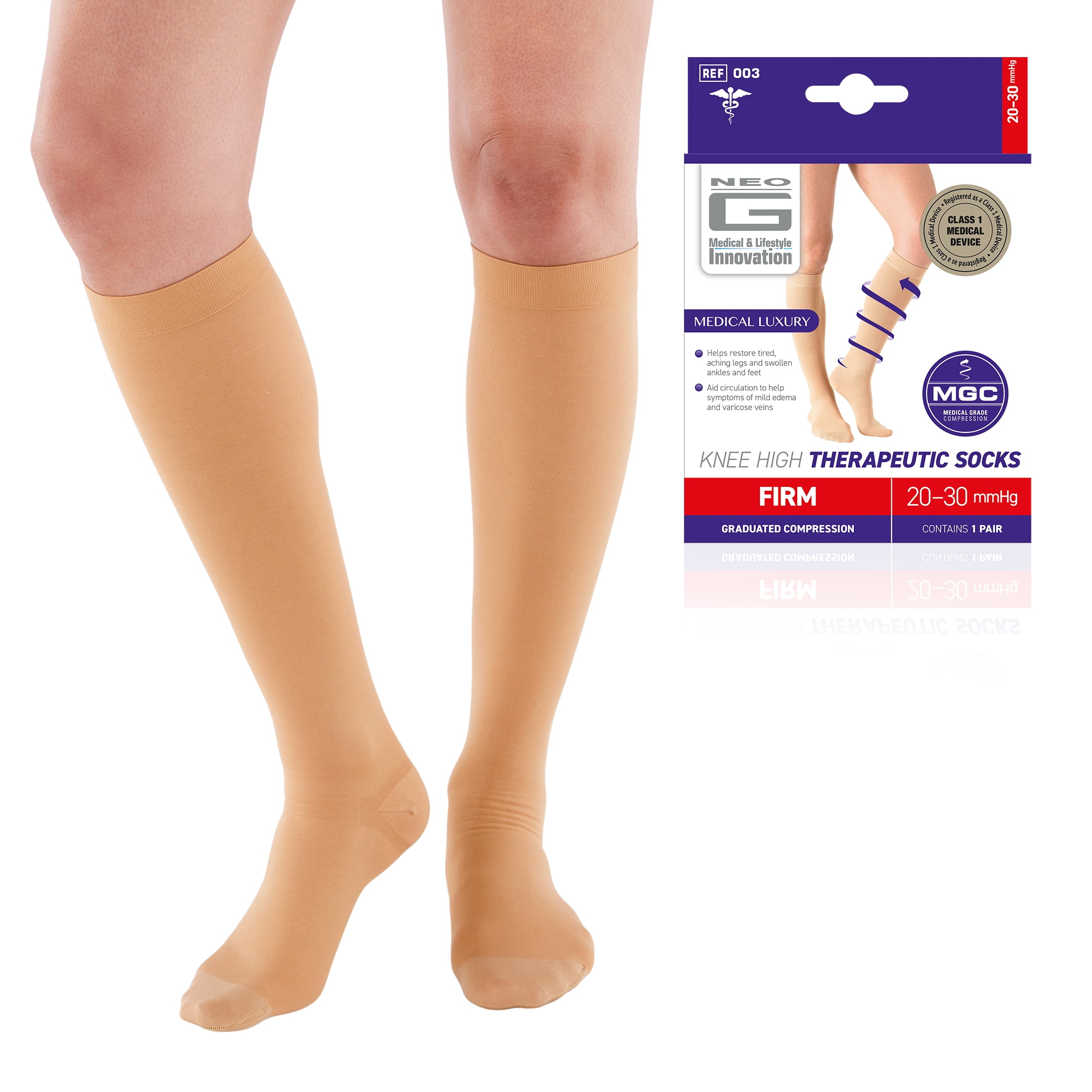 (3 pack) Neo G Knee Highs Compression Socks 20-30mmHg Large, Tan