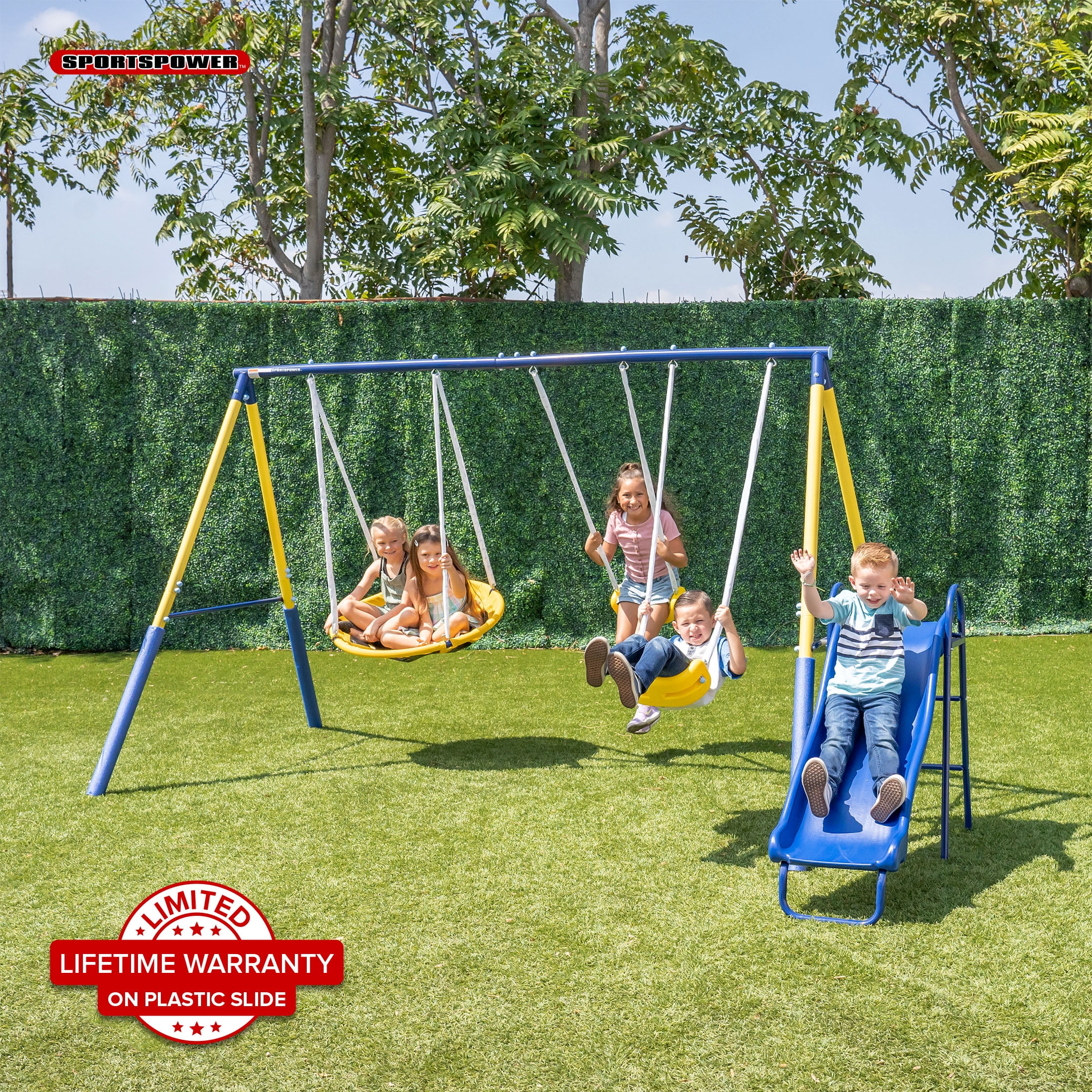 Sportspower Super Saucer II Metal Swing Set with 2 Swings, 2-Person Saucer Swing, & 5FT Slide, for Kids Aged 3-8, BONUS Anchor Kit