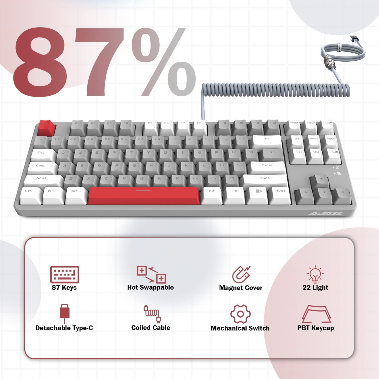 Ajazz AK873 Wired Hot Swappable Mechanical Keyboard, Coiled Cable, 22 RGB Backlit, Classic 3 Color PBT Floating Keycaps, 87% Keyboard with Detachable Magnet Cover, Custom DIY Keyboard