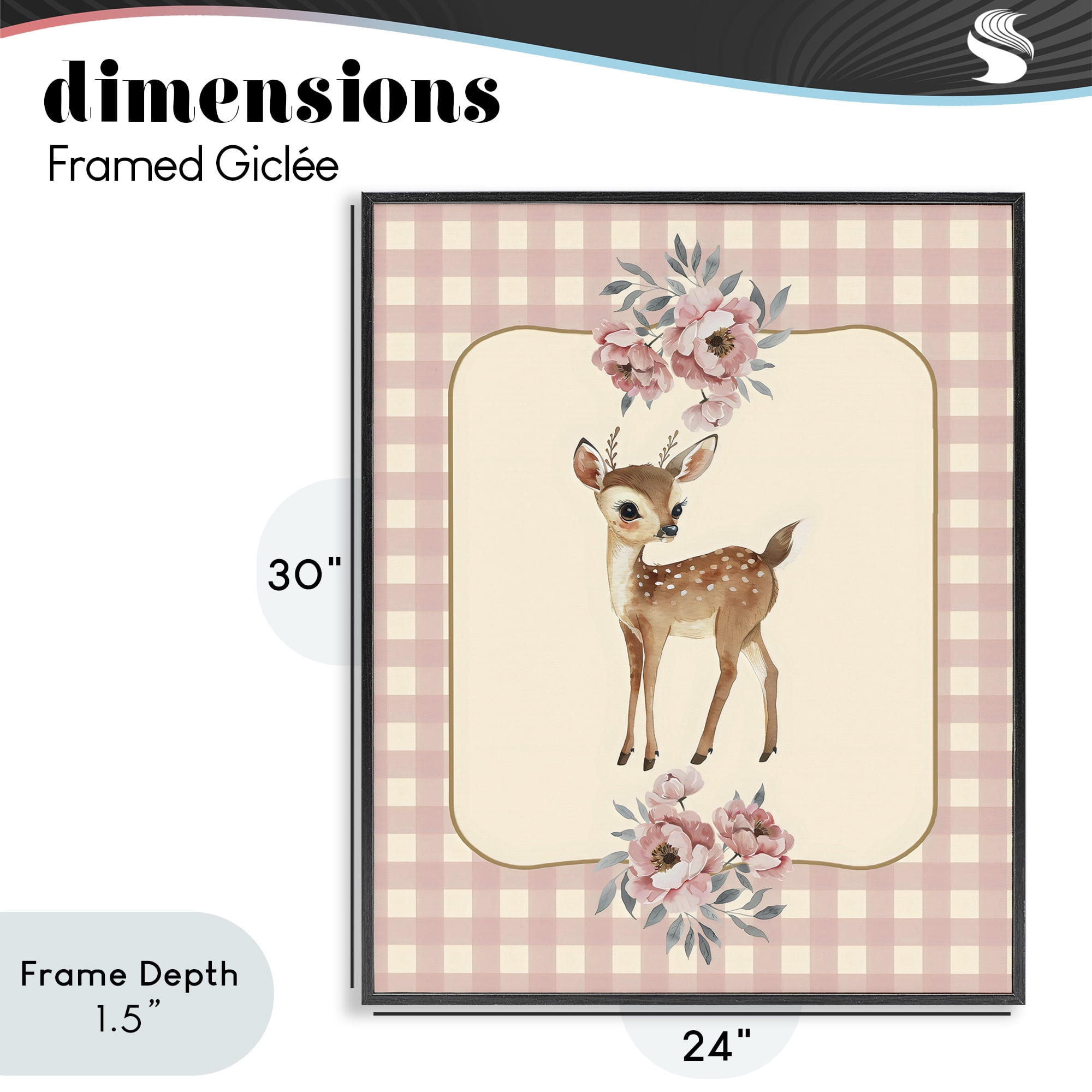 Stupell Industries Baby Deer Pink Gingham Black Framed Giclee Art, design by LSR Design Studio
