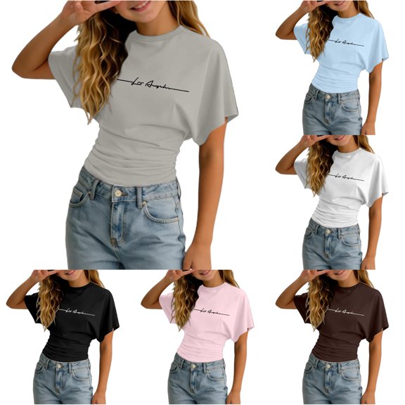 RUTAYY Girls Short Sleeve T-Shirt Crew Neck Letter Print Short Sleeve Casual Top Grey