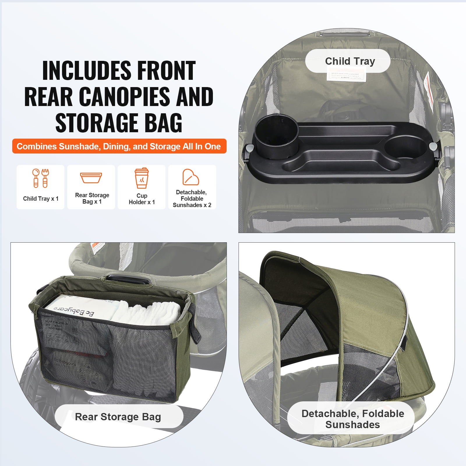 KFFKFF Off-Road Wagon-Stroller Hybrid, Dual-Seating, Easily Foldable for Travel, Comes with Shade Cover, Storage for Essentials, Beverage & Snack Tray, 55lbs Capacity per Seat, in Olive Green