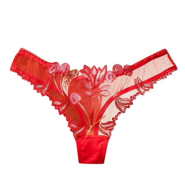 WZXFASHION Culottes Aguichant pour Femmes en Maille Entièrement Transparentes avec Broderie, Culottes pour Femmes Rouges Taille Unique