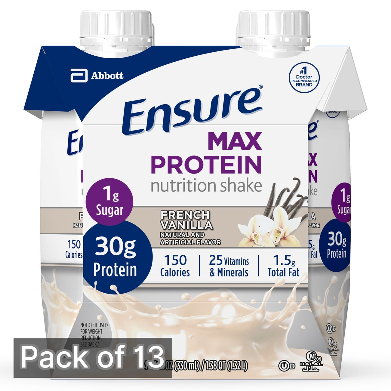 Ensure Max Protein Nutrition Shake, French Vanilla 4-Count 11 fl oz Cartons (Pack of 13)