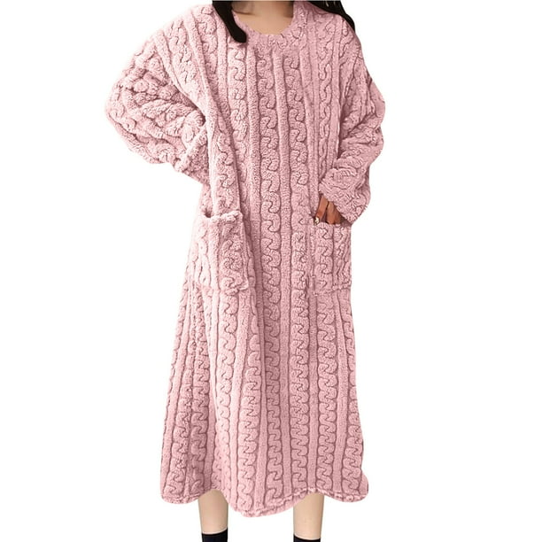 Camisón largo de moda para mujer, bata de baño alargada, abrigada, de manga larga, con bolsillo