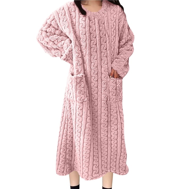 Camisón largo de moda para mujer, bata de baño alargada, abrigada, de manga larga, con bolsillo