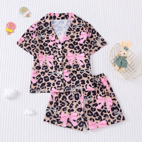 Conairie Button Down Outfit for Girl Set Bow Print Short Sleeve Collar Top and Shorts Pj Set Kids Loungewear Soft Two Piece Nightwear Sets Pink 4-5 Y