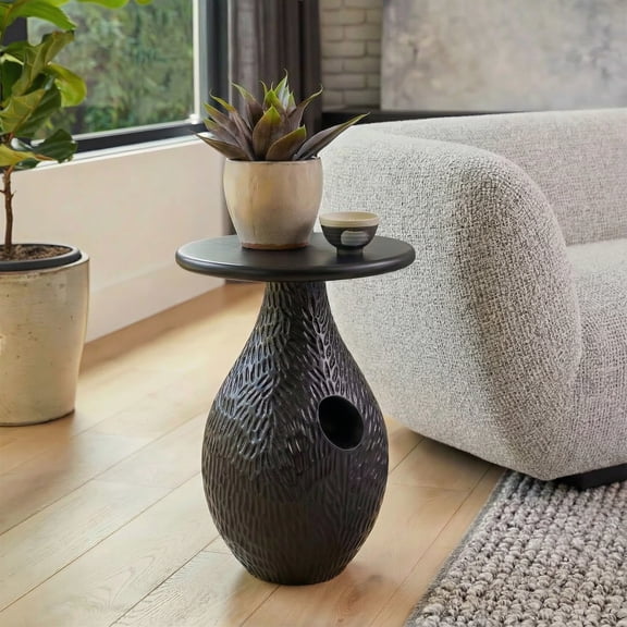 Piho Side Table Black End Table, Modern Style, Painted Mango Wood round shape tabletop, Mango Wood, Indoor Living