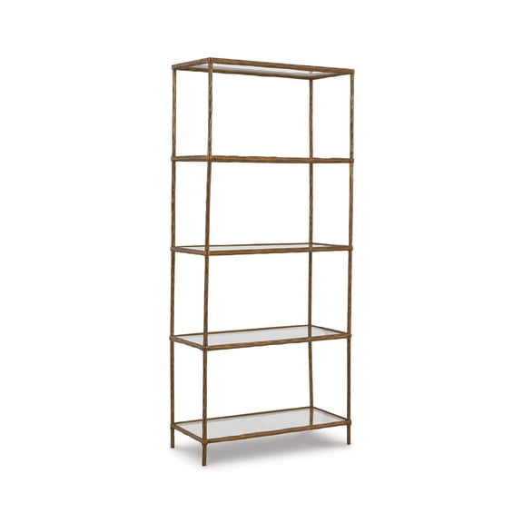 Signature Design by Ashley Ryandale 73" Bookcase, Antique Brass Finish Metal Frame with Clear Glass Shelves, Modern Industrial 5-Shelf Display