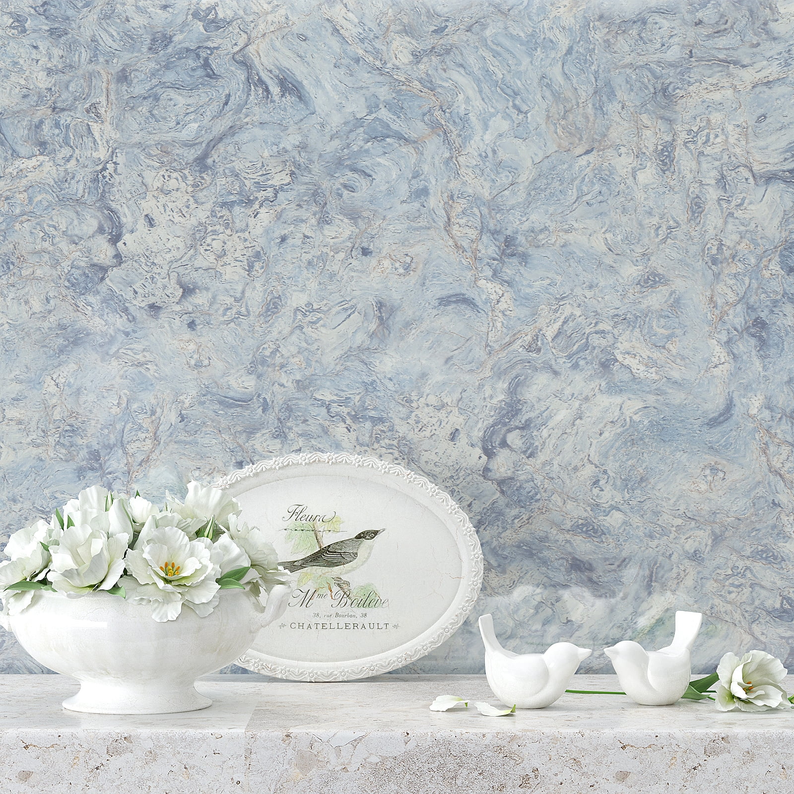 VEELIKE Glossy Cream Blue Marble Countertop Contact Paper Waterproof Kitchen Countertop Peel and Stick Granite Contact Paper for Countertops 15.7''x354'' Removable Marble Wallpaper for Walls Cabinets