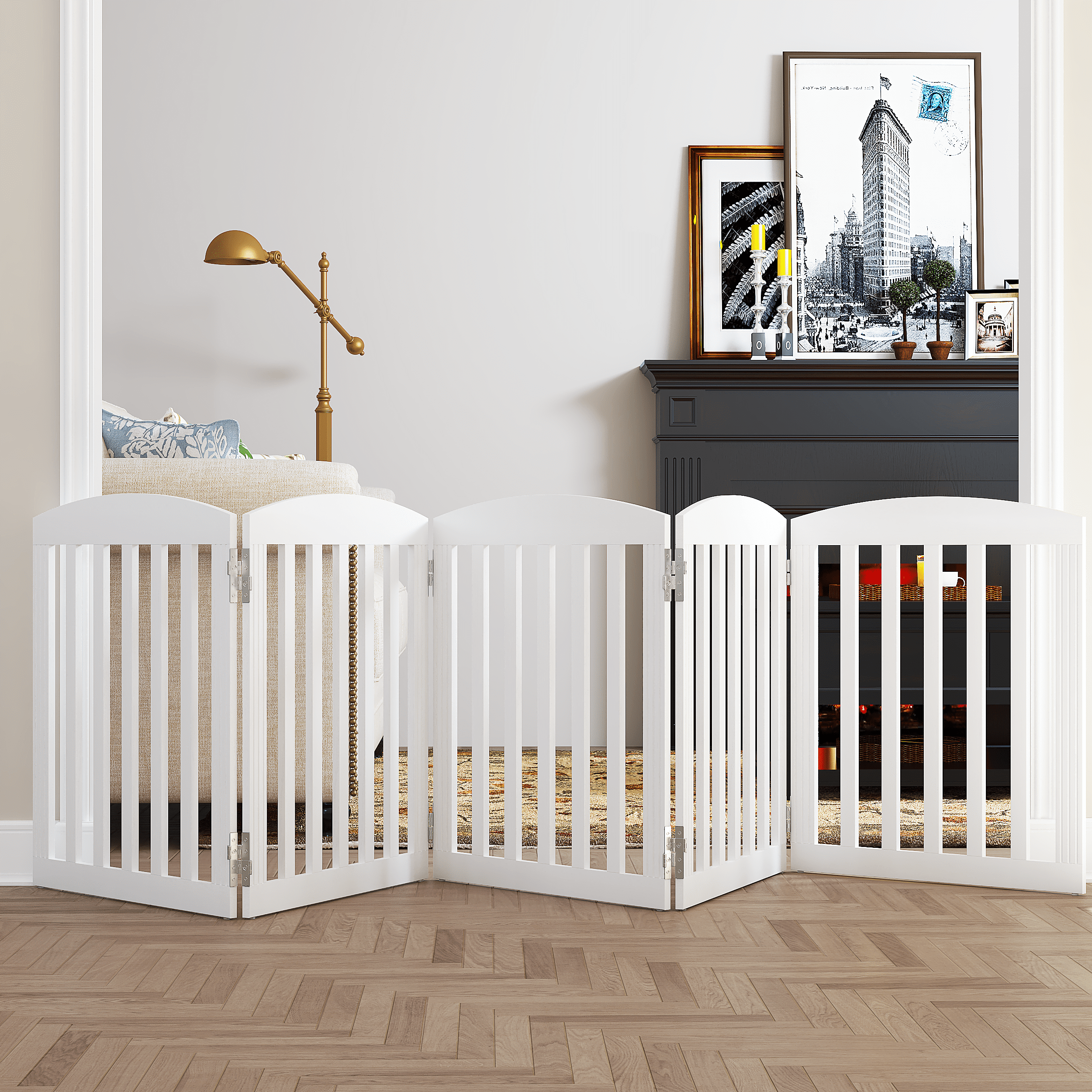 STAROUS 120" Extra Wide 28" Tall Foldable Dog Gates, Wooden Freestanding Pet Gate Indoor, Step Over Puppy Fence, 5 Panels, White