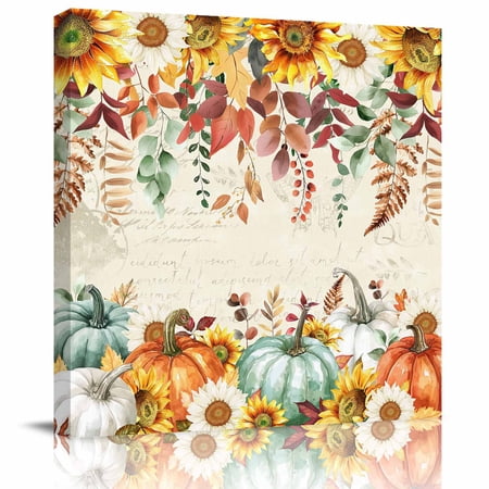 Wall Art Prints Thanksgiving Framed Canvas Prints for Bedroom Living Room Bathroom Office Fall Orange Green Pumpkin Sunflower Leaf Gallery Wrap Wall Art Poster for Gifts Home Decor 8 x8