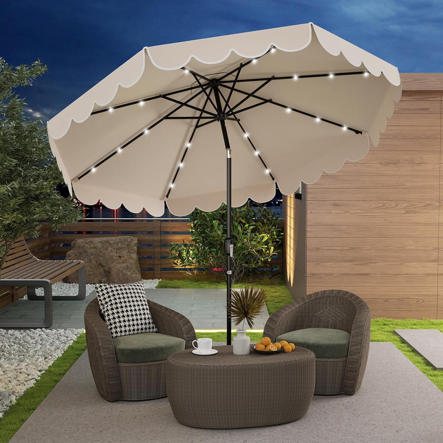 ZYPPP  9 FT Solar Patio Umbrella, 2-Tiers Scalloped Outdoor Table Market Umbrella with 32 LED Lights, Vented Top, Tilt Adjustment, Crank, 8 Ribs for Backyard Poolside Deck Beach Lawn (Beige)
