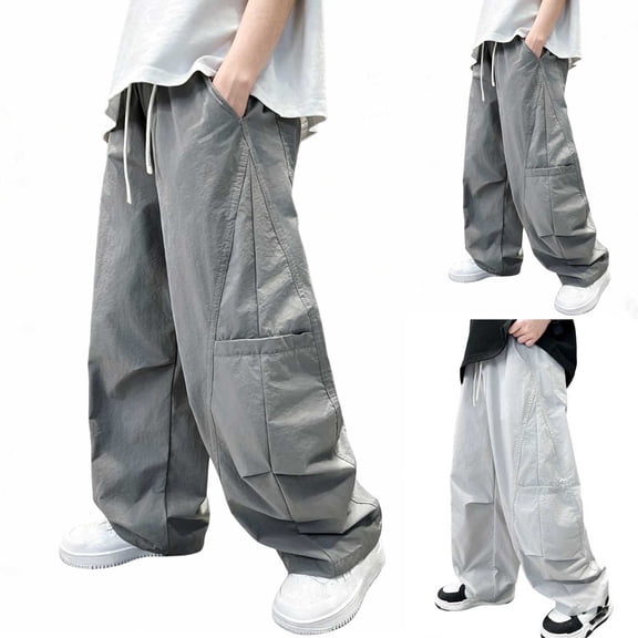 Boy's Casual Baggy Cargo Pants, High Elastic Waist Drawstring Wide Leg Pants for Teen Boys Gray