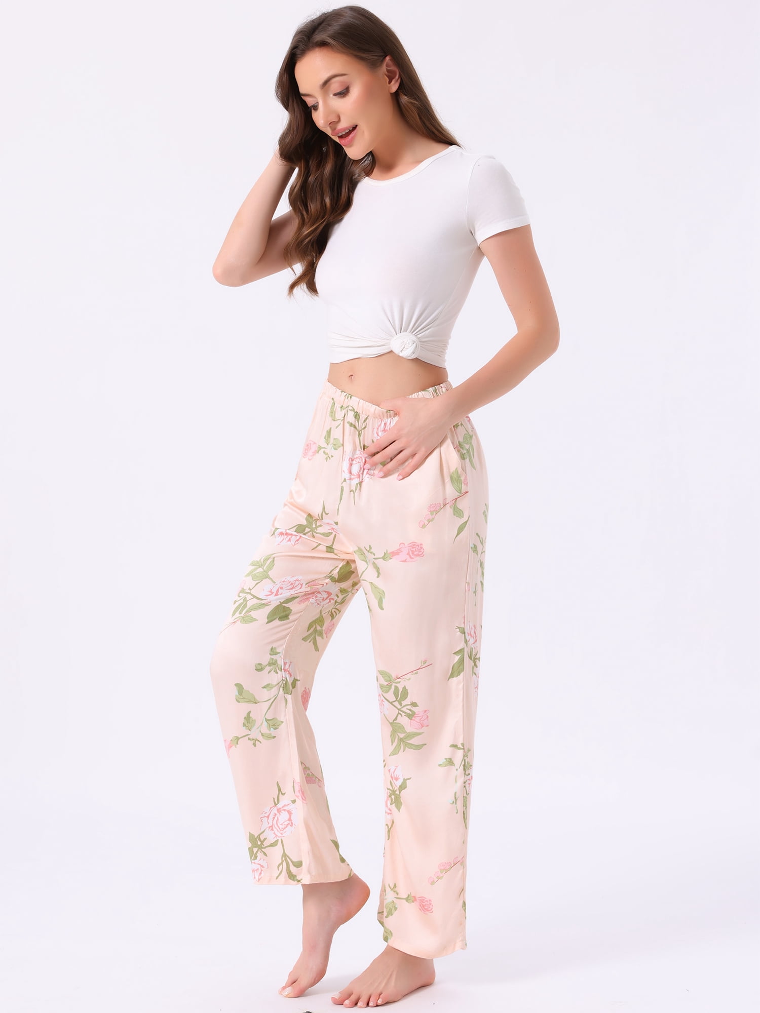 DARING DIVA Women's Floral Dot Pattern Wide Leg Pants with Pocket L Yellow