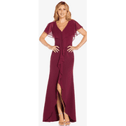 Adrianna Papell BURGUNDY Women's Chiffon Overlay Crepe Mermaid Gown, US 14