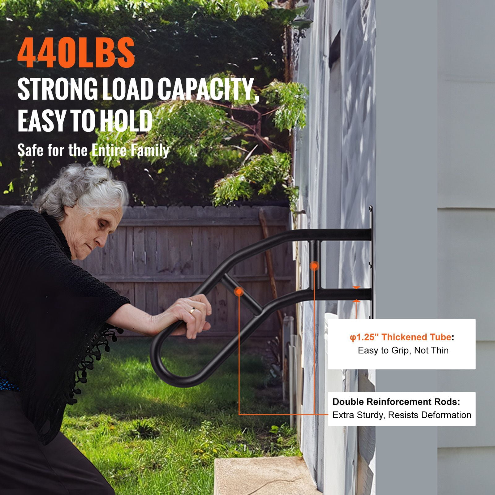Wall-Mounted Handrail 32" with 440 lbs Capacity, Carbon Steel, Metal Expansion Tubes, Double Connection Rods, for Stairs Garage Garden