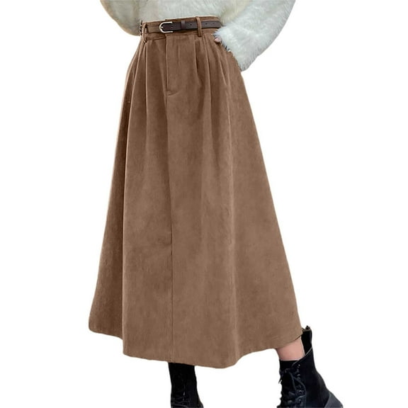 RUTAYY Women High Waisted Long Vintage Corduroy A-Line Skirt Solid Color Smocked Boho Pleated Skirts