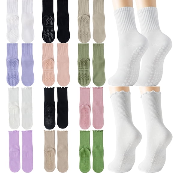 12 Pairs Seamless Non-Slip Yoga Socks for Women, Ruffle Edge Crew Grip Socks with Full Sole Silicone, Anti-Slip Pilates Socks for Barre, Home Workout, Dance