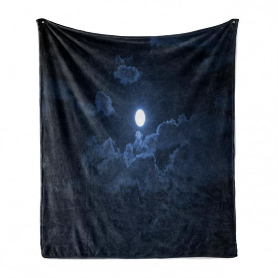 Night Soft Flannel Fleece Throw Blanket, Full Moon Appearing Among Dark Clouds Scenic Mysterious Midnight Dusk Foggy Heavens, Cozy Plush for Indoor and Outdoor Use, 50" x 60", Dark Blue, by Ambesonne