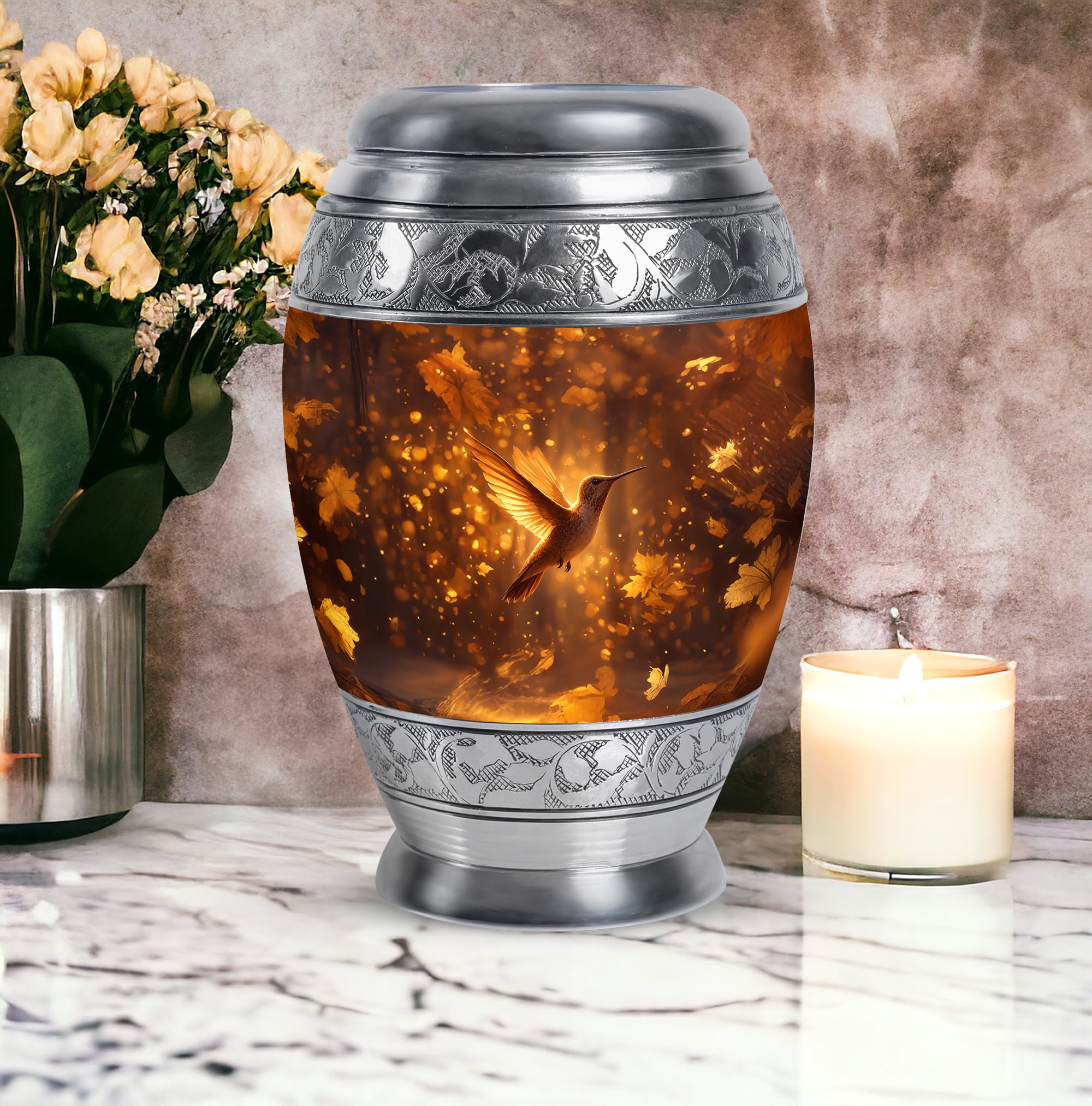 Humming Bird Large Decorative Urns For Human Ashes Adult Woman, Burial Urn For Uncle And Aunty, Funeral Urn For Grandmother, Brown Cremation Urns For Human Ashes, 10 Inch