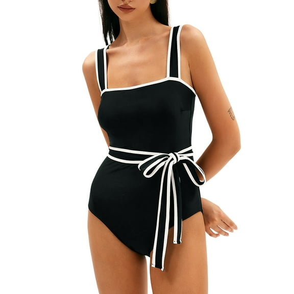 Women's Elegant Black Colorblock Edge Belted One Piece Swimsuit with Padded Support - [ZhiHiMeRi] | (US 12-14)L