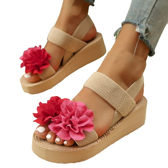 Sandales à Plateforme de Plage à Fleurs pour Femmes 2025 Bohème Vacances à Brides Compensées Slingback Robe Chaussures d'Été