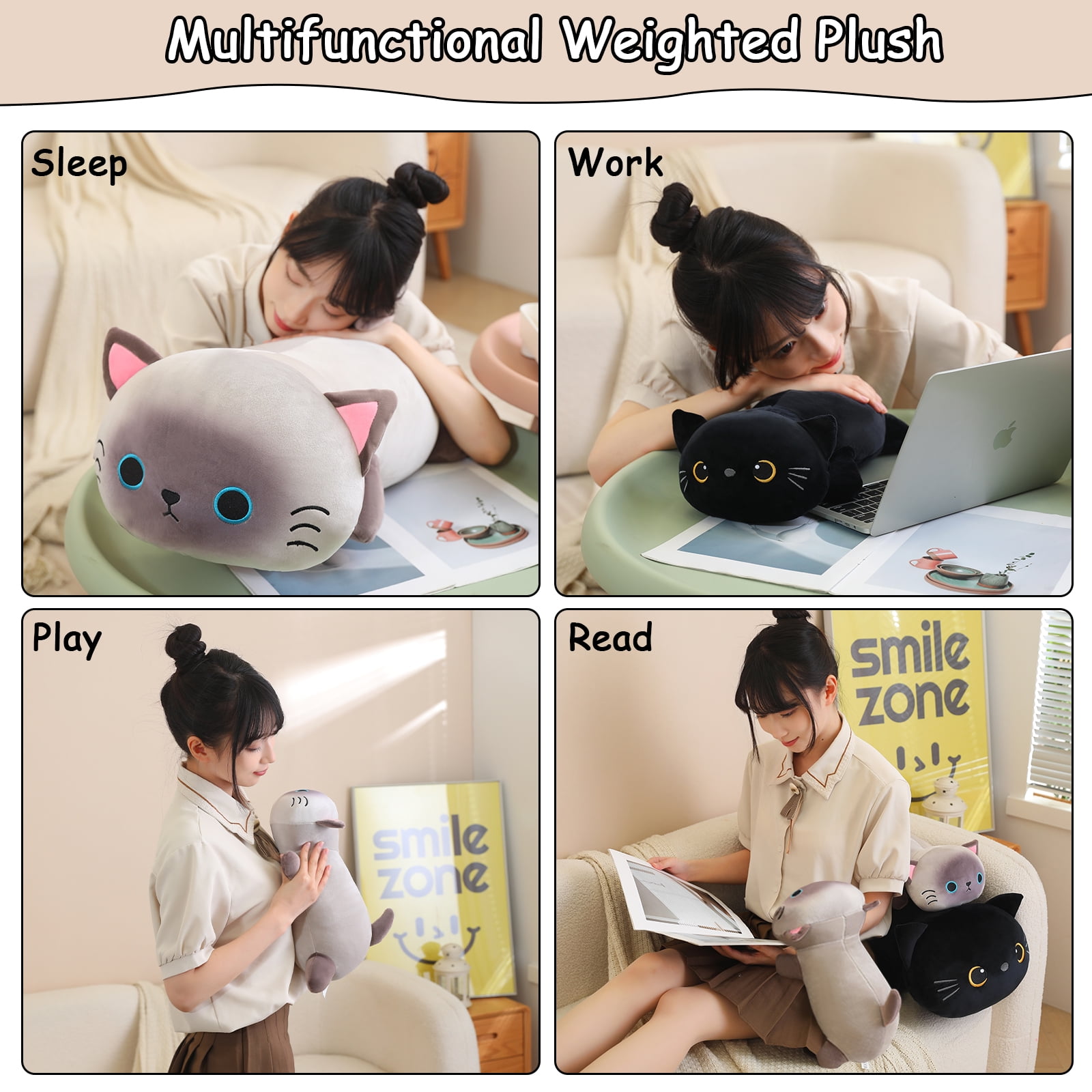 SQEQE Weighted Siamese Cat Plush, Cute Soft Pillow Toy Gift for Kids 23.6 Inch, 3.1 lbs