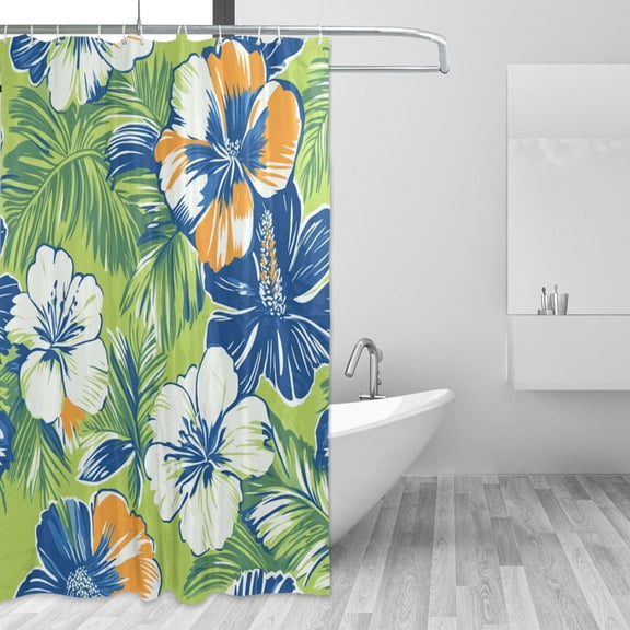 White Blue Flowers Green Palm Leaves Shower Curtains with 12 Hooks Waterproof Bathroom Decor 66" x 72"