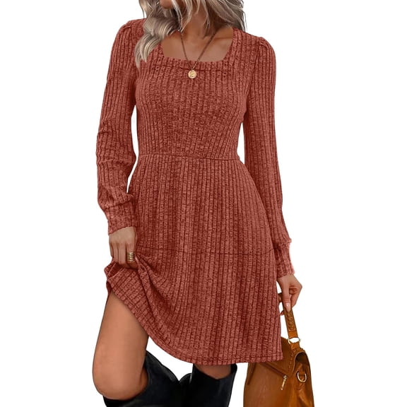 Sampeel Womens Square Neck Long Sleeve Fall Dresses Casual Babydoll Sweater Dress