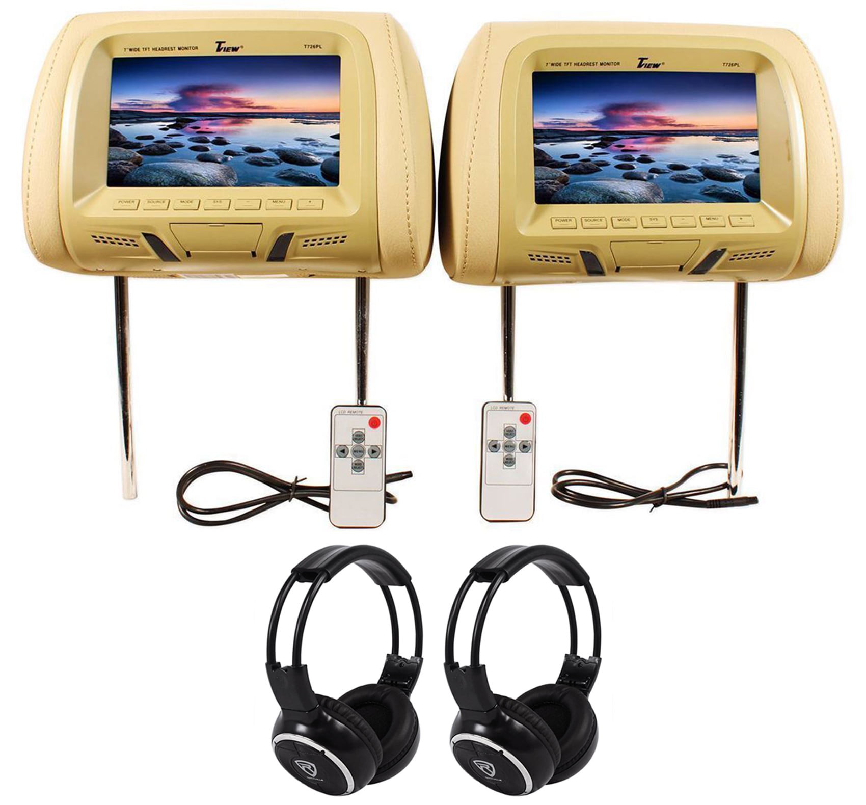 Pair of Tview T726PLTN 7" Tan Pair Car Headrest Monitors + 2 Wireless