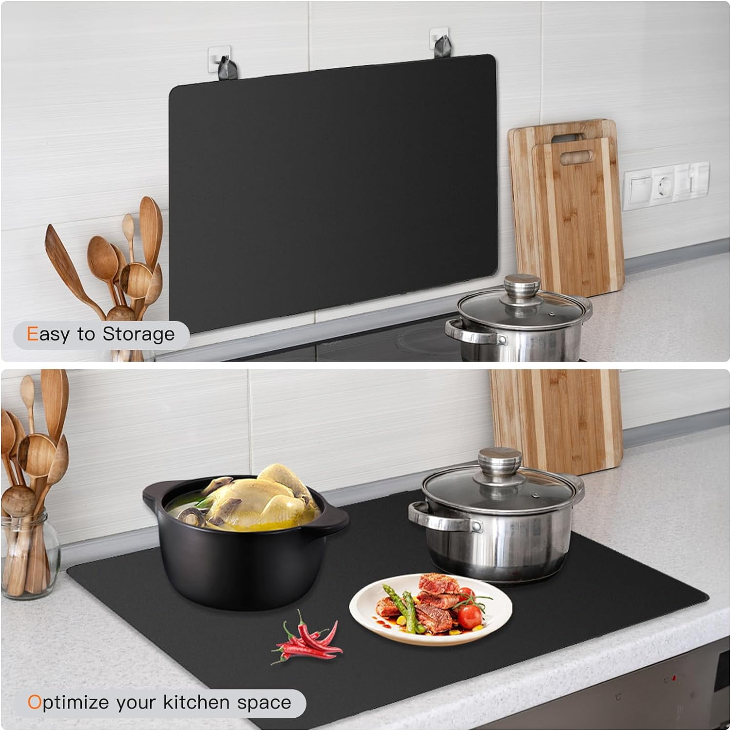 Stove Top Cover, 21" x 28.5" Electric Stove Cover Mat, Glass Stove Protector with 2 Pcs Stove Gap Guard, Washable Rubber Easy to Clean, Black