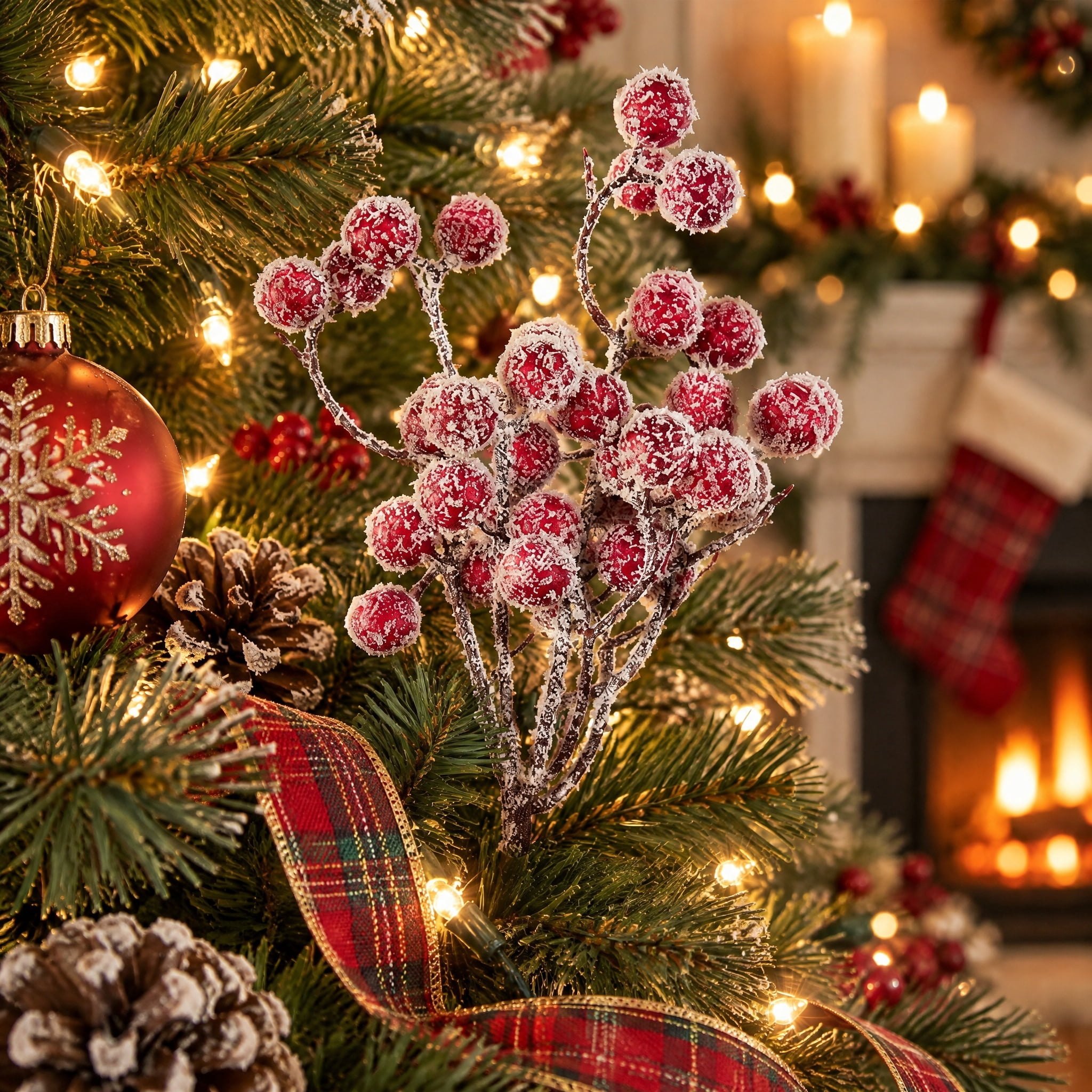 Red Velvet-Feel Frosted Berry Christmas Clip Ornament, 9", by Holiday Time
