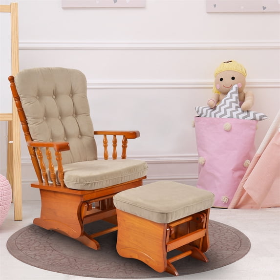 Glider Chair with Ottoman, Modern Fabric Armchair Lounge Chair with Solid Wood Base Frame & Footrest, Comfortable Single Sofa Chair Leisure Reading Chair for Living Room Bedroom Office, Rustic Brown