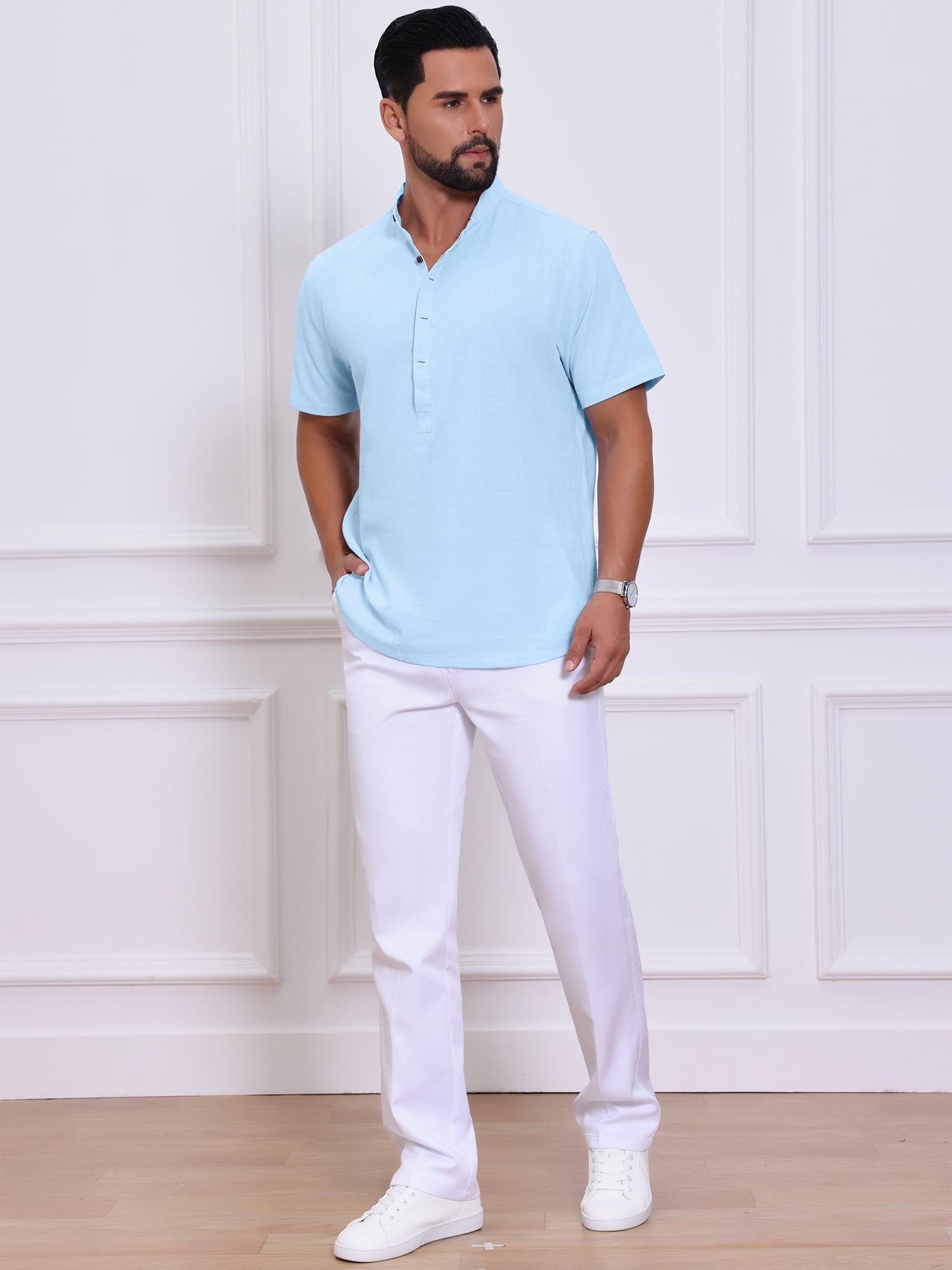 DARING DIVA Men's Casual Henley Band Collar Short Sleeve Summer Linen Shirts XL Light Blue