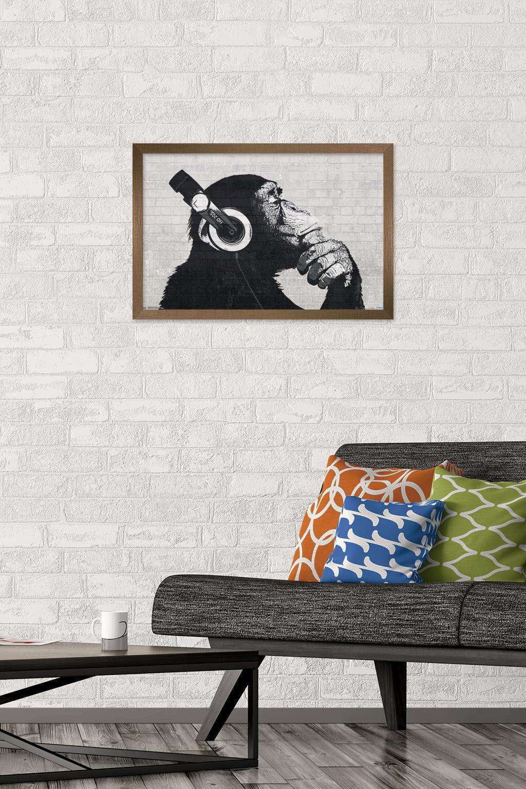 Chimp with Headphones on Wall Wall Poster, 14.725" x 22.375", Framed