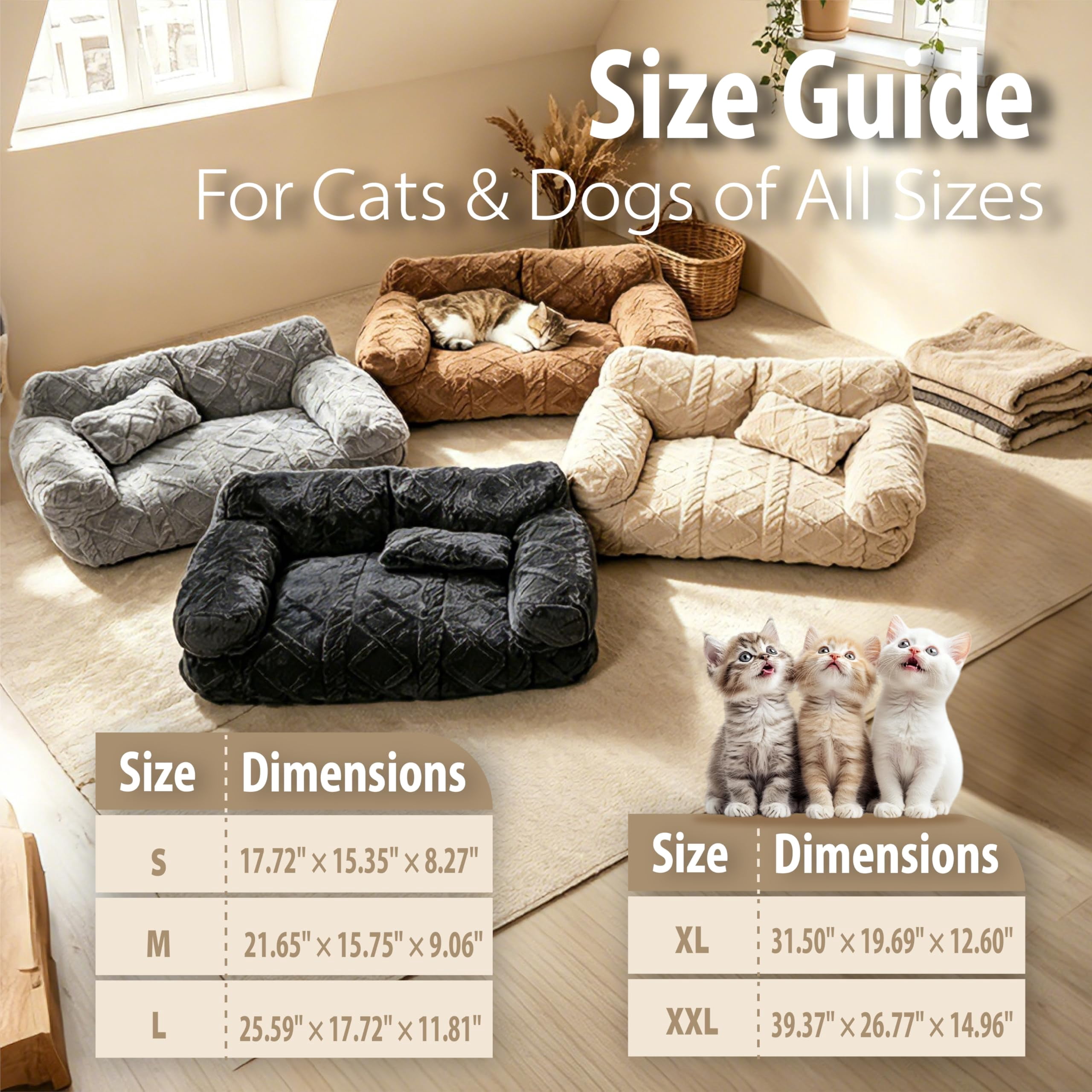 Plush Calming Pet Sofa Bed – Large Dog & Cat Couch Bed with Removable Cover, Furniture Protector Mat for Couch & Car, Soft Cozy Pet Bed