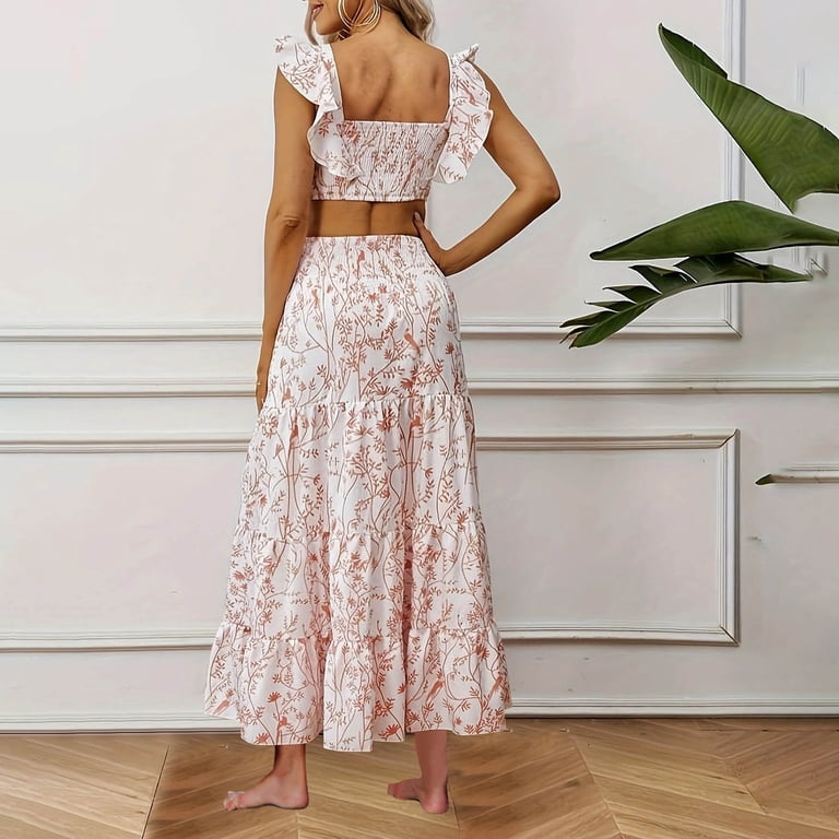 floral two piece maxi dress Halter-Neck Two-Piece Floral Print Long Prom Dress
