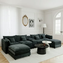 144" Cloud Couch, Black-Gray Modular Sectional Sofa, Chenille 6 Seat U Shaped Couch with Storage Box, Cup Holders and Movable Ottoman