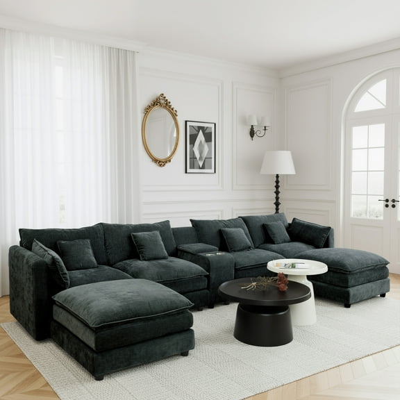144" Cloud Couch, Black-Gray Modular Sectional Sofa, Chenille 6 Seat U Shaped Couch with Storage Box, Cup Holders and Movable Ottoman