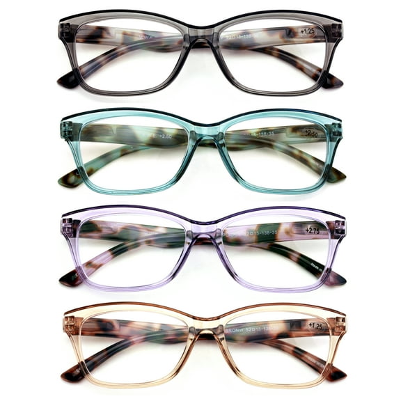4 Pairs Lightweight Women Translucent Leopard Tortoise Temple Readers - Spring Hinge Reading Glasses 7023 1.00
