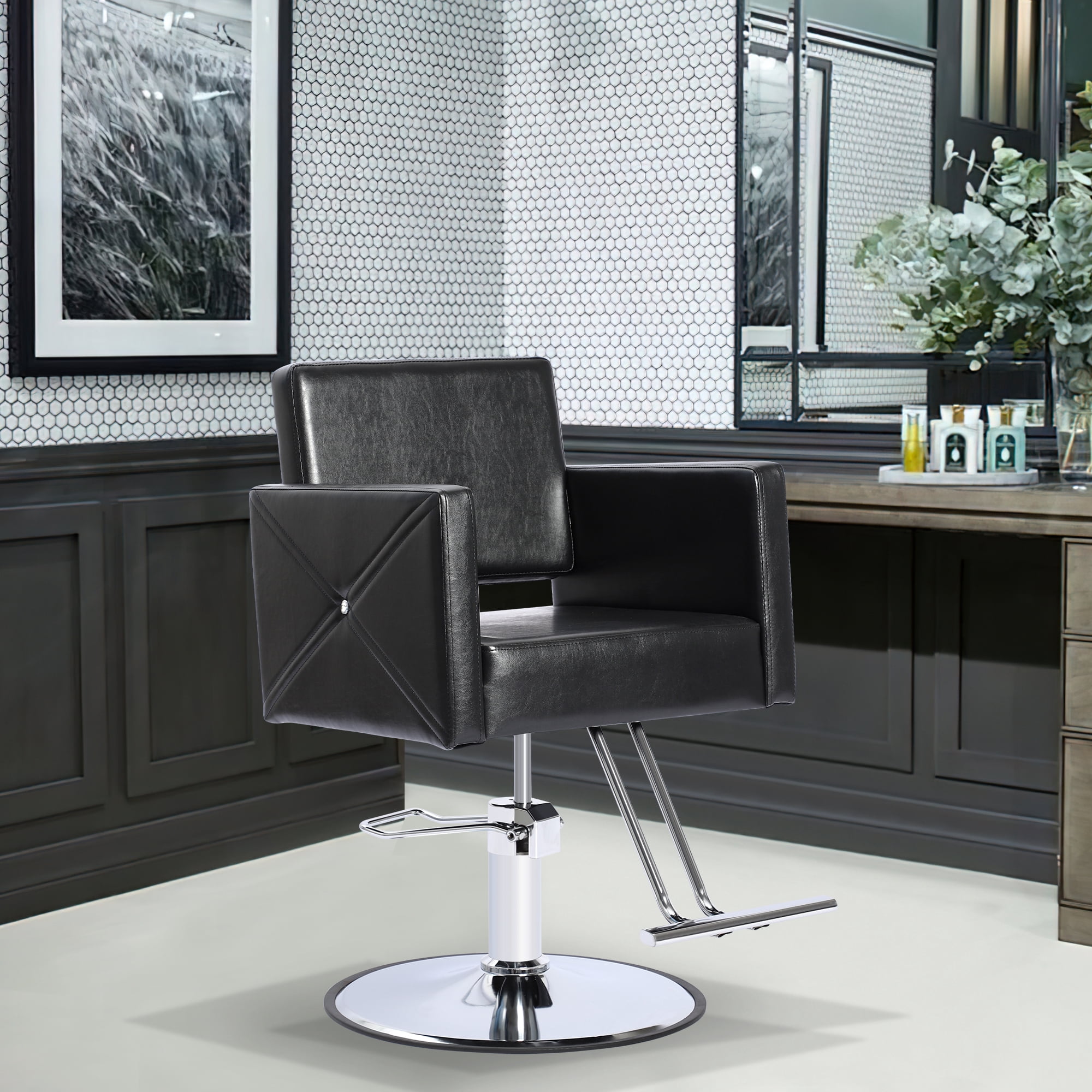 Kigoty Adjustable Hair Stylist Chair with Foot Rest, Round Base, 23.42" L, Black